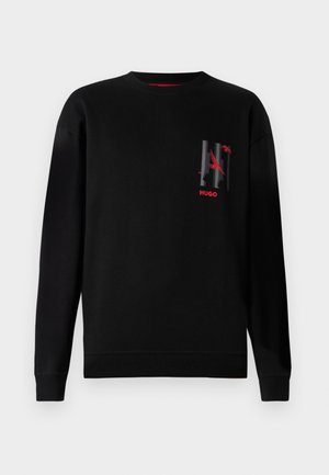 Black cotton sweatshirt with long sleeves, featuring a graphic design in gray and red on the left chest, and ribbed cuffs and hem.
