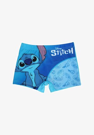 Shorts de bain pour enfants bleus avec un motif du personnage Stitch, différentes nuances de bleu, texture lisse, et motif Stitch répété sur un côté.