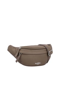 Braune, strukturierte Leder-Gürteltasche mit zwei Reißverschlussfächern und verstellbarem Riemen mit Metallschnalle.