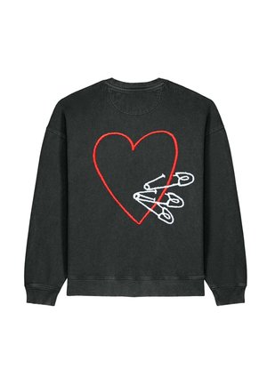 Black sweatshirt with red embroidered heart design and white safety pins. Features ribbed cuffs and hem, with a classic crew neck style.