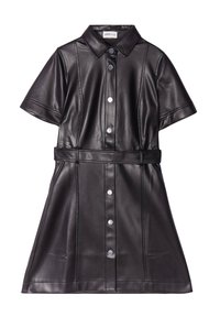 Robe chemise en simili cuir noir, à manches courtes, avec une fermeture à boutons sur le devant, une taille cintrée et des détails de couture subtils.