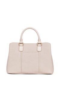Borsa a tracolla in pelle beige chiaro con una forma rettangolare strutturata, doppio manico superiore e hardware dorato. Presenta una tasca frontale.