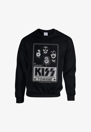 Svart hettegenser med et vintage konsertgrafikk av bandet KISS i hvitt, med tekst og dekorative stjerner rundt bildet.