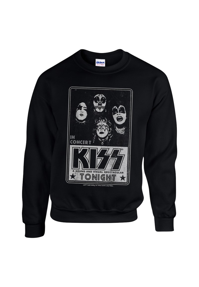 Schwarzer Hoodie mit einem vintage Konzertgrafik der Band KISS in Weiß, umgeben von Text und dekorativen Sternen.