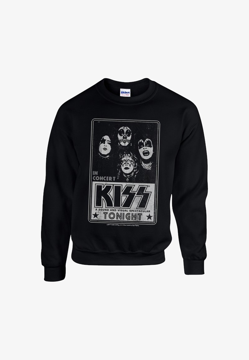 Sudadera negra con un gráfico de concierto vintage de la banda KISS en blanco, con texto y estrellas decorativas alrededor de la imagen.