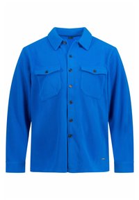 Blå fleece skjorte med lange ærmer, knaplukning foran, to brystlommer og klassisk krave. Har en blød tekstur og sorte knapper.