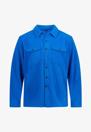 Blauwe fleece shirt met lange mouwen, knoopsluiting aan de voorkant, twee borstzakken en een klassieke kraag. Kenmerkt zich door een zachte textuur en zwarte knopen.