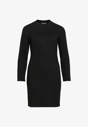 Vestido negro de punto acanalado con mangas largas y escote redondo. Presenta una silueta ajustada y aberturas laterales en el dobladillo para facilitar el movimiento.