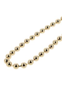 Goldene Perlenkette mit regelmäßig angeordneten, glatten, runden Perlen. Jede Perle hat eine polierte Oberfläche, die einen reflektierenden Glanz erzeugt.