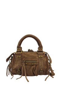 Sac en daim marron avec double poignées, quincaillerie dorée, détail tressé sur le dessus et poche zippée à l'avant avec des accents de franges.