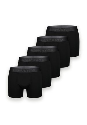 Pięć czarnych bokserek z paskami z napisem "LANCERTO" ułożonych w przesuniętej linii na białym tle.