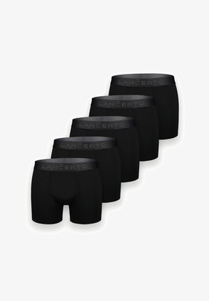Pięć czarnych bokserek z paskami z napisem "LANCERTO" ułożonych w przesuniętej linii na białym tle.