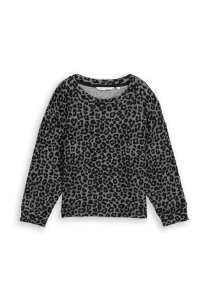 Koszulka z długim rękawem i okrągłym dekoltem, z wzorem czarno-szarej panterki, z raglanowymi rękawami i swobodnym krojem.