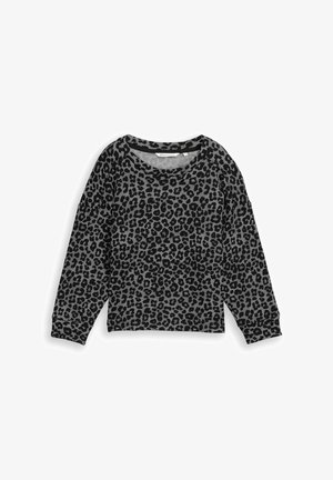 T-shirt à manches longues col rond avec motif léopard noir et gris, doté de manches raglan et d'une coupe décontractée.