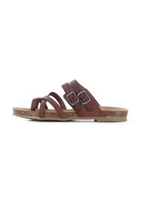 Sandalias de cuero marrón con dos hebillas ajustables, múltiples tiras estrechas y una plantilla de corcho texturizado, con una suela plana de goma.