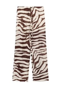 Pantaloni a gamba larga a righe zebrate marroni e bianche con vita elastica e coulisse, realizzati in un tessuto leggero e testurizzato.