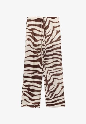 Rjavobeli prugasti široki hlače z elastičnim pasom in vrvico, narejene iz lahkotnega, teksturiranega blaga.