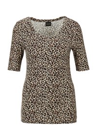 Beige Oberteil mit Leopardenmuster und kurzen Ärmeln, mit Rundhalsausschnitt. Hergestellt aus weichem Stoff mit einer strukturierten Optik, ideal für Freizeitkleidung.