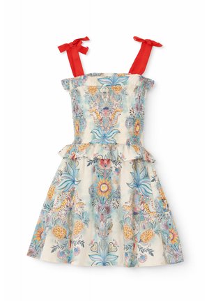 Mouwloze jurk met felrode strikbandjes, geplooide bovenkant en een bloemen- en zonnenpatroon in blauw, geel en oranje op een lichte achtergrond.