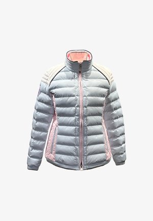 Light blue puffer jacket with a high collar, pink accents, and quilted design. Zippered front and side pockets. Soft texture.