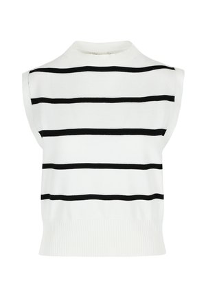 Balta bezpašā topa ar melnām horizontālām svītrām, ar augstu apkakli un ribota apakšmalu. Gluda tekstūra un regulāra piegriezuma.