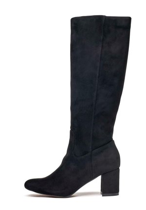 Black suede knee-high boot with block heel and rounded toe, side zipper hidden within the design, smooth and elegant finish.