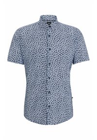 Košile s krátkým rukávem s námořnickým pozadím a květinovým vzorem v světle modré a bílé barvě, vyrobená z lehkého materiálu s límečkem na knoflíky.