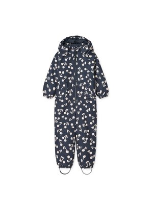 Marineblå vanntett one-piece drakt med hvitt kirsebærmønster, elastiske mansjetter, hette, glidelås foran og to sidelommer.