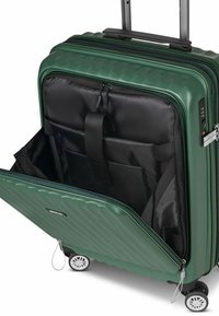 Valigia rigida verde con design a coste, doppie cerniere, manico allungabile, interno nero con tasche e ruote per la mobilità.