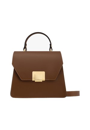 Brown leather handbag with a structured design, flat front flap, gold-tone clasp, and a top handle. Includes a detachable shoulder strap.