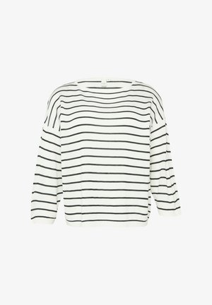 Haut en tricot blanc avec des rayures horizontales noires, décolleté large et manches trois-quarts. Coupe simple et décontractée, texture lisse. Pas de matériel visible.