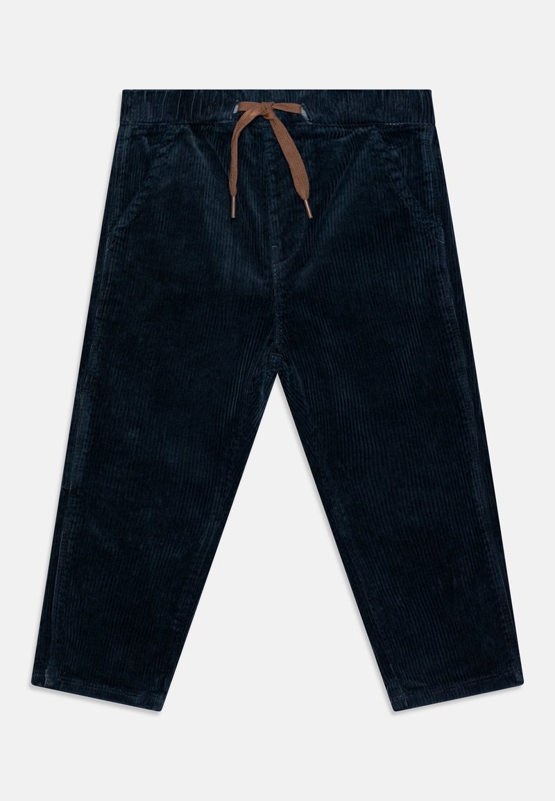 Pantalon en velours côtelé bleu foncé pour enfants, avec ceinture élastique et cordon de serrage marron, poches avant, coupe droite.