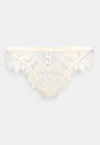 Λευκά διάφανα δαντελένια εσώρουχα με κεντήματα από λουλούδια και δύο μικρά διακοσμητικά κουμπιά στη μέση μπροστά.