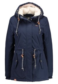 Marinblå huva jacka med plyschfoder. Har justerbara dragsnören, beige detaljer, tryckknappar och sidofickor. Tillverkad av hållbart tyg.