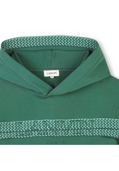 Felpa verde con cappuccio caratterizzata da un laccetto decorato e logo ricamato; materiale in cotone morbido con vestibilità comoda; fascia strutturata distintiva sul cappuccio.