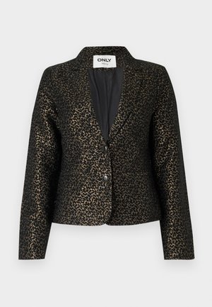 Svarte og gull leopardmønstrete blazer med en enkelt knappelukking, kontrasterende slag og to frontlommer. Mykt, teksturert materiale.