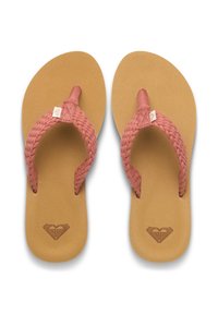 Ροζ πλεκτό λουράκι σαγιονάρες με υφασμάτινη ταμπά σόλα και αποτύπωση λογότυπου. Επίπεδες σόλες, απλός σχεδιασμός και μαλακά υλικά για άνεση.