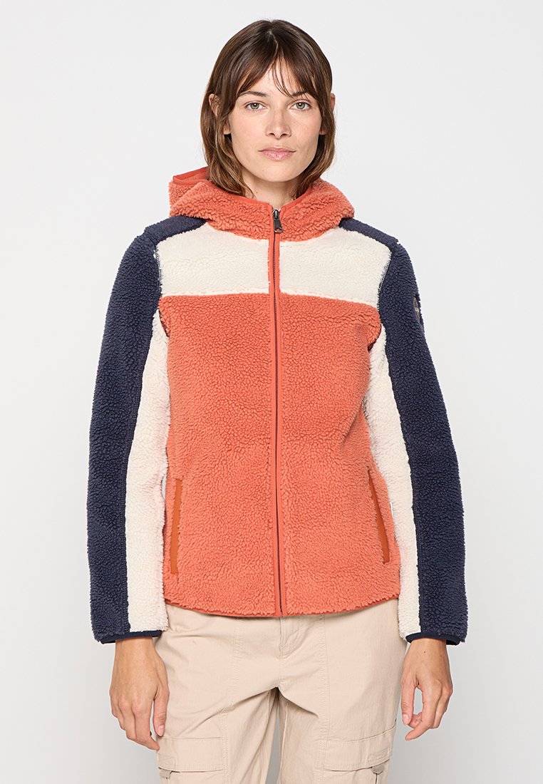 Chaqueta de forro polar con un cuerpo naranja, paneles crema y mangas azul marino. Cierre de cremallera, capucha y bolsillos laterales con cremalleras de contraste.