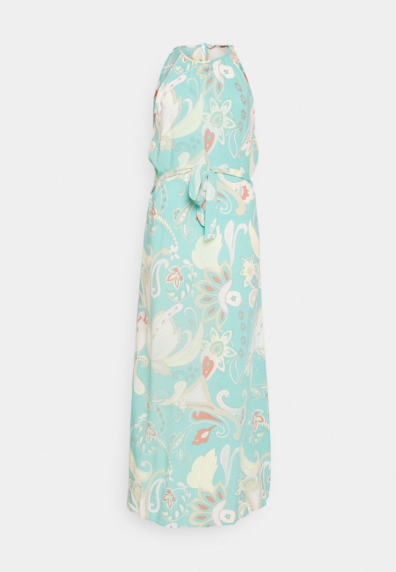 Robe sans manches, longue jusqu'au sol, avec un fond bleu sarcelle et un motif floral cachemire, dotée d'une ceinture nouée à la taille.