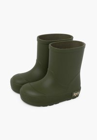 Stivali da pioggia impermeabili in gomma verde con suola texturizzata, asta corta e rivestimento interno morbido. Presentano un piccolo logo sul tallone.