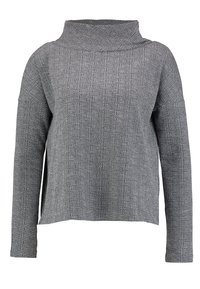 Grå stickad tröja med hög krage, långa ärmar och lös passform. Har en strukturerad mönster och sänkta axlar.