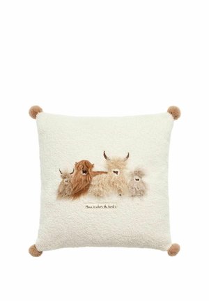 Square cream cushion with pom-poms on corners and four textured fluffy highland cows with "Home is where the herd is" text in center.