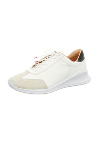 Weiße Ledersneaker mit grauer Wildleder-Zehenpartie, runder Form, glatter Textur und kontrastierendem schwarzen Fersenelement. Verfügt über ein Schnürdesign.