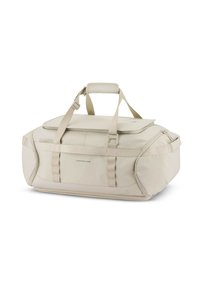 Borsa a tracolla beige realizzata in tessuto resistente, dotata di due manici superiori, una tracolla regolabile e un compartimento principale con zip.