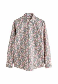 Bloemenprint lang shirt met lange mouwen op een lichtbruine achtergrond, met roze en blauwe bloemen, knoopsluiting aan de voorkant en standaardkraag.