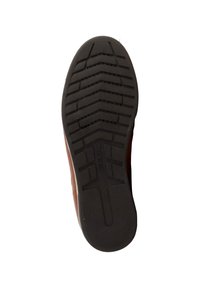 Brown rubber shoe sole with a textured, zigzag pattern for grip. Features a flat design and durable material for stability.