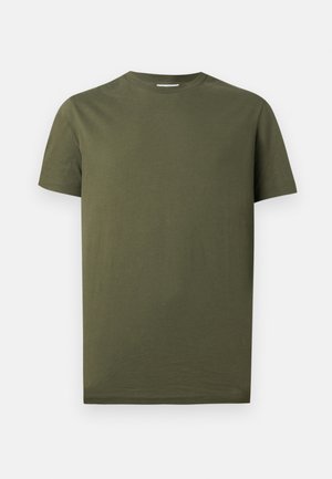 Plain olive green crew neck short-sleeve T-shirt displayed against a light background.