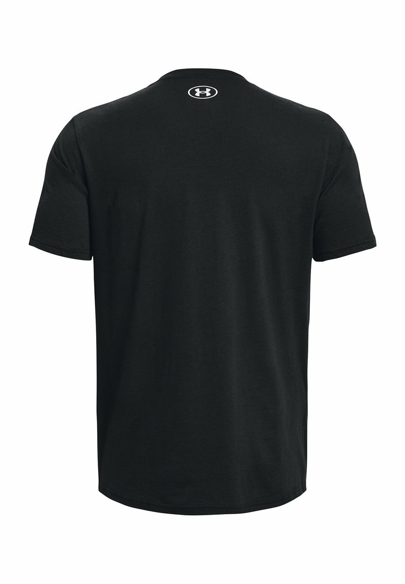 T-shirt en coton noir à manches courtes, col rond, avec un petit logo blanc au dos. Design simple, coupe décontractée et sans motifs.