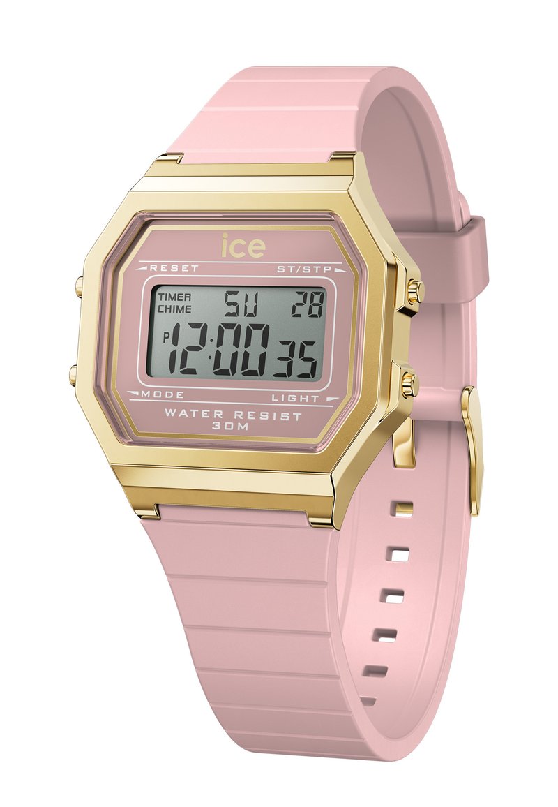 Montre numérique avec un bracelet en silicone rose, boîtier octagonal doré, affichage éclairé et fonctionnalités telles que le chronomètre et une résistance à l'eau jusqu'à 30 m.