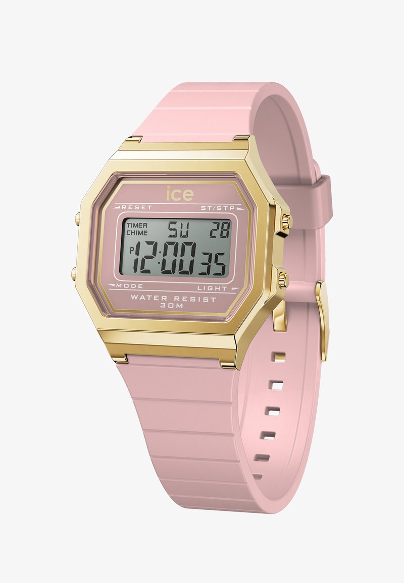 Reloj digital con una correa de silicona rosa, caja octagonal en tono dorado, pantalla iluminada y funciones como cronómetro y resistencia al agua hasta 30 m.